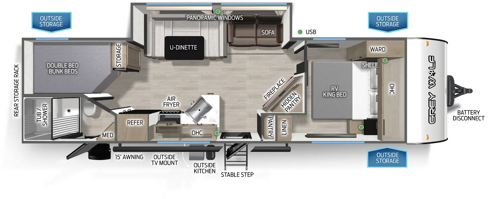 The Grey Wolf 26KF floorplan has two entries and one slide out. Exterior features include: metal exterior, 15' awning and outside kitchen. Interiors features include: bunk beds, u-dinette and front bedroom.